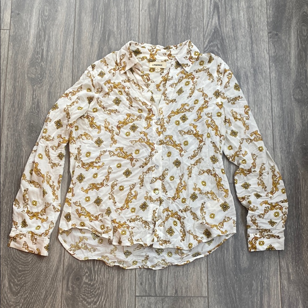 L'AGENCE - Relaxed Fit White Button Down with Gold Design - Size XS